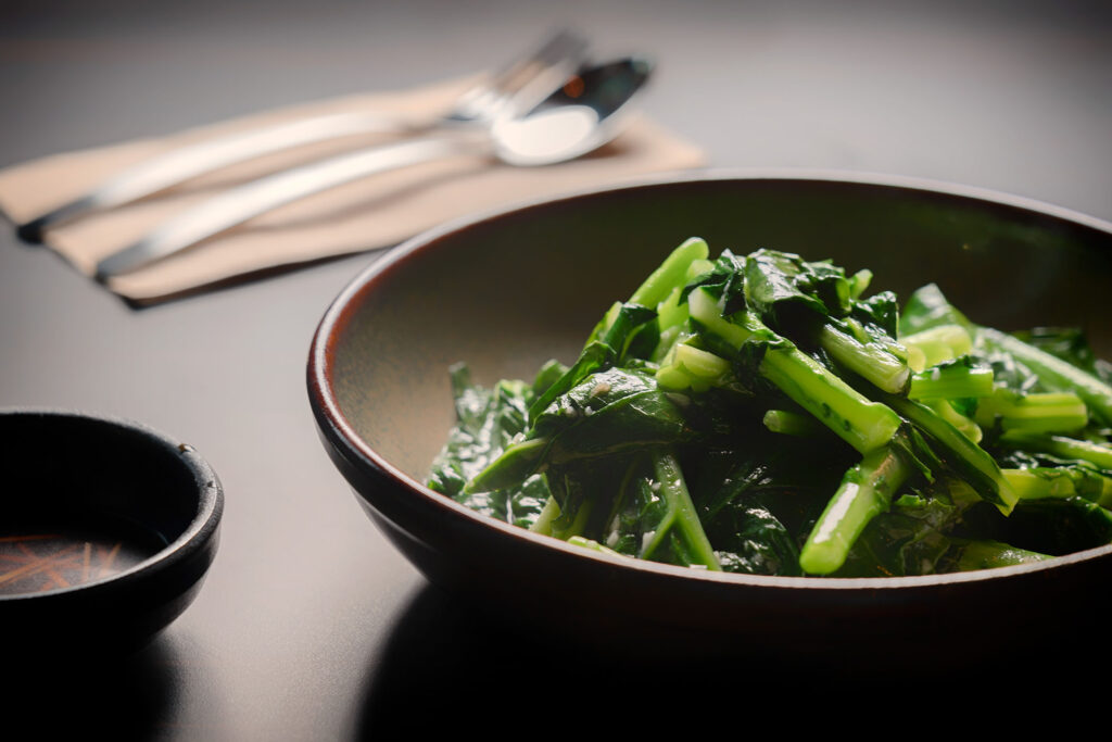 D2 Asian broccoli (leafy veggies) sauteed with garlic (GF), oyster, or ginger sauce (GF)