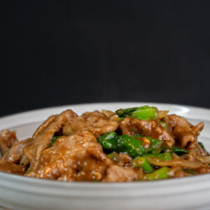 Sauteed Beef fillet with Asian broccoli in Sha-cha sauce
