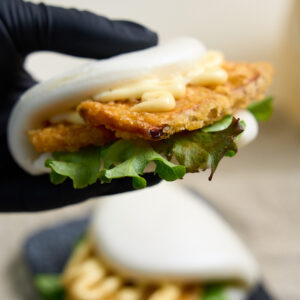 Steamed Baos with eggplant tempura