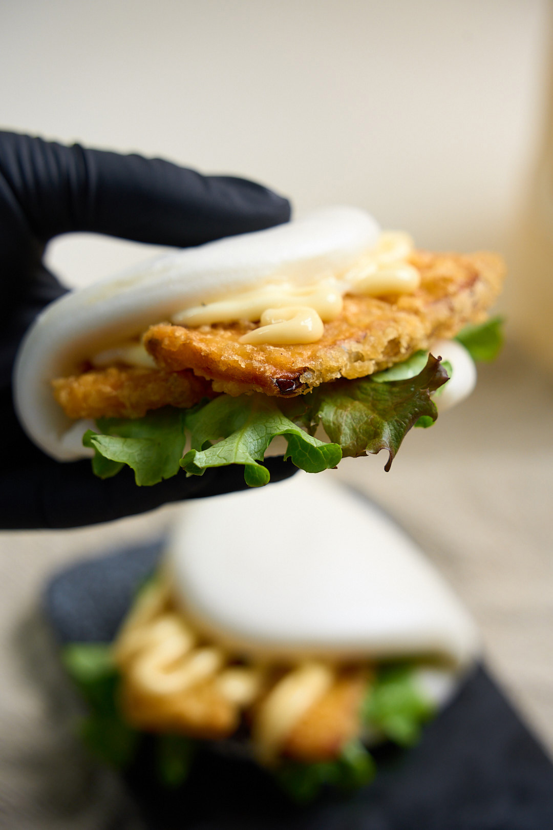 Steamed Baos with eggplant tempura