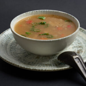 Ginger and onions soup with minced pork and prawns ( bowl )