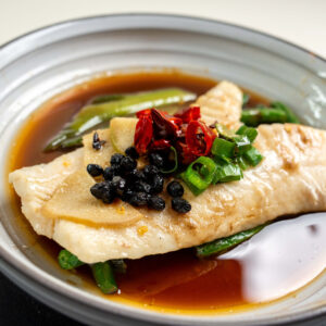 Steamed Ling fish fillet with ten spices spring onions dressing oil with poached green beans (GFO)