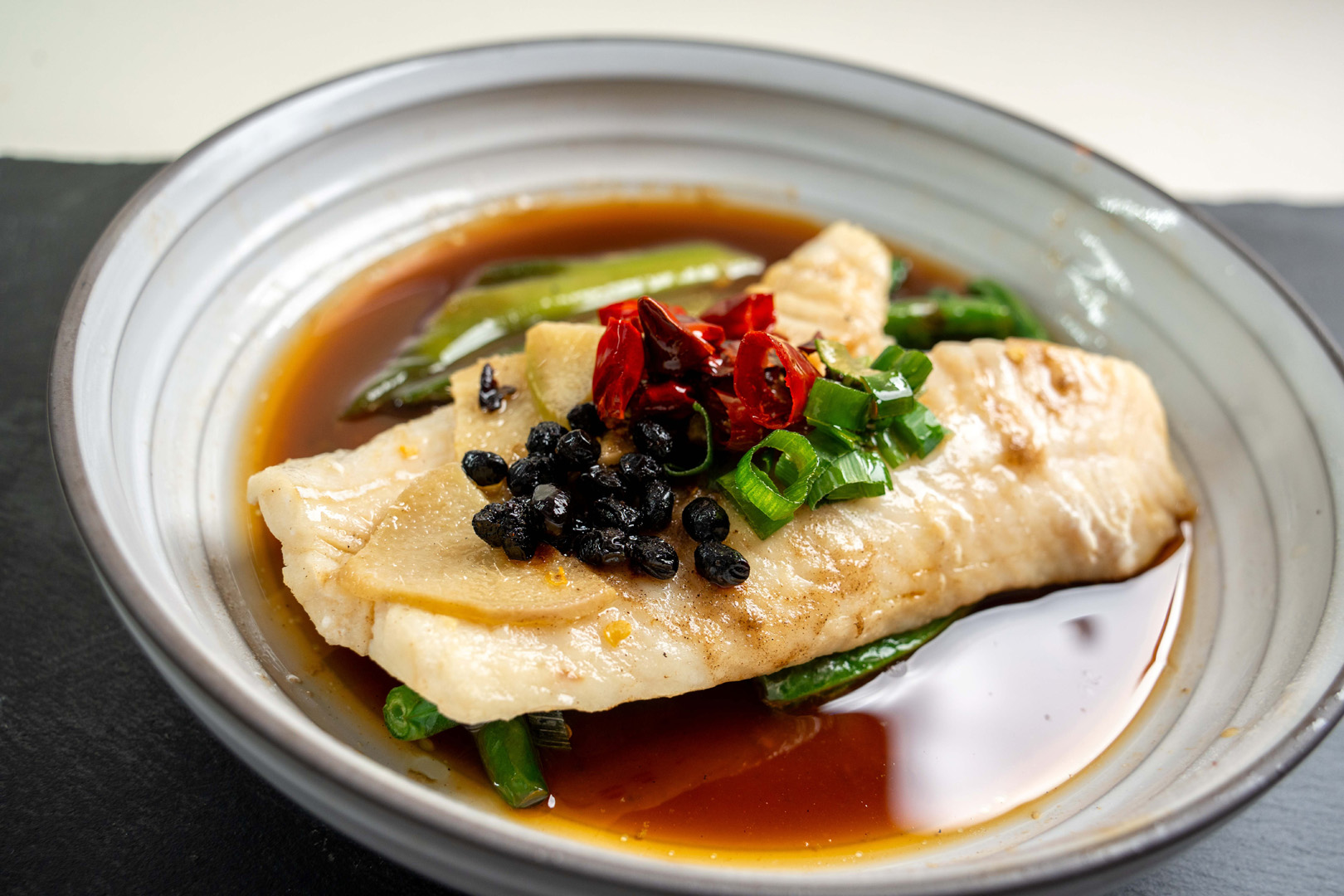 Steamed Ling fish fillet with ten spices spring onions dressing oil with poached green beans (GFO)